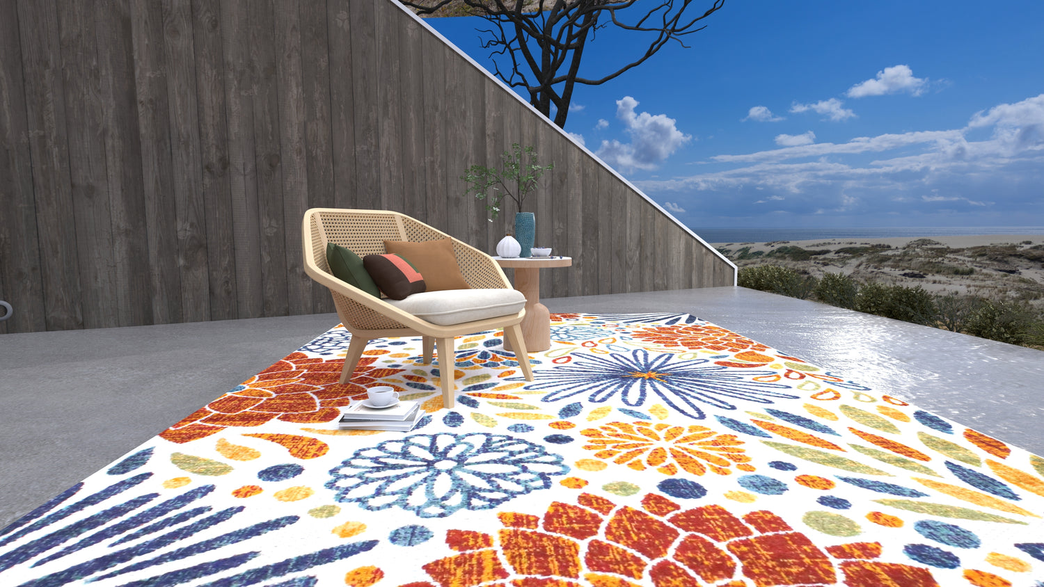 Two Polypropylene Power-Loomed Transtional style, Indoor and Outdoor rugs stacked on top of one another. Tight or close shot of the two edges overlapping parallel to each other.